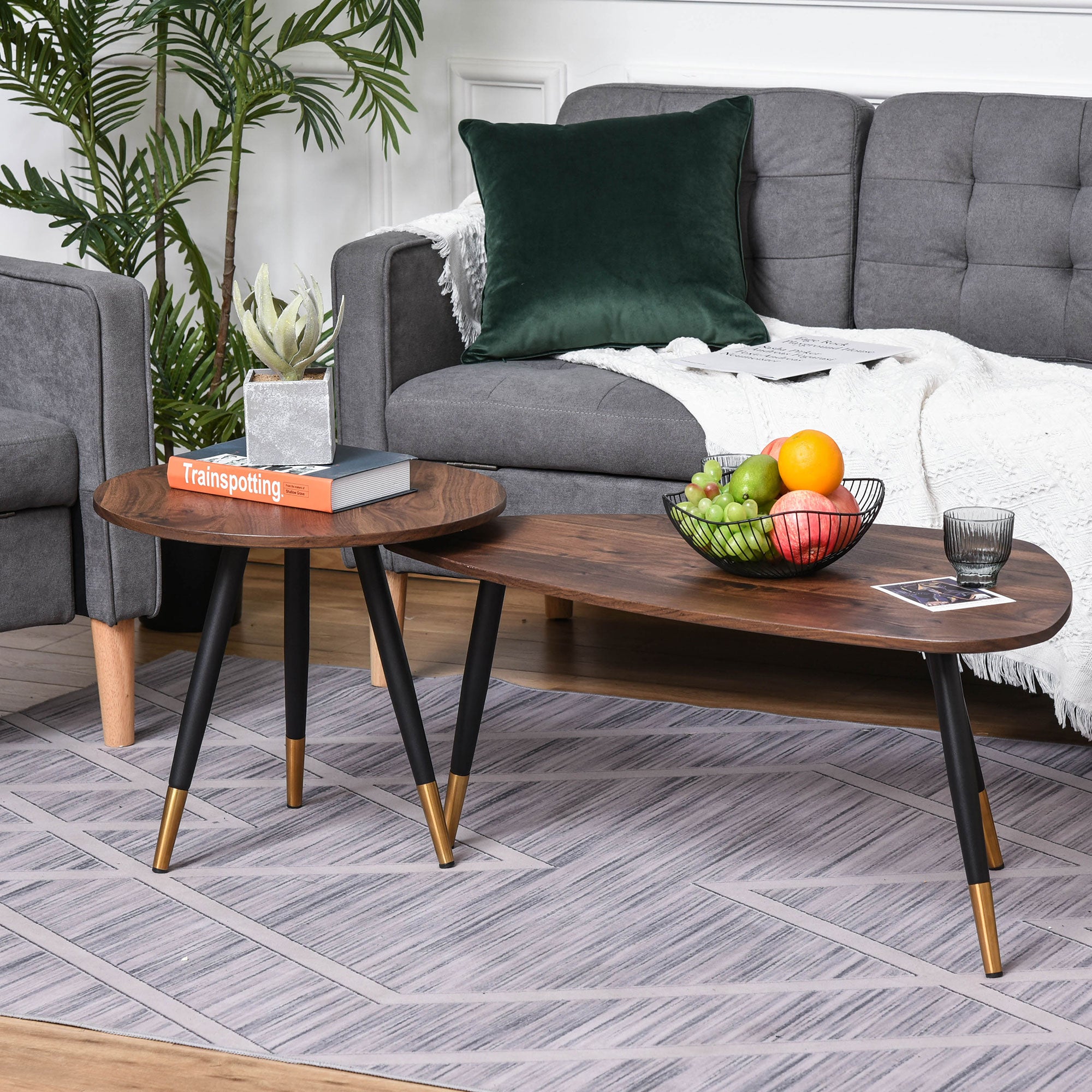 HOMCOM Set of Two Scandinavian-Style Coffee Tables - Walnut 