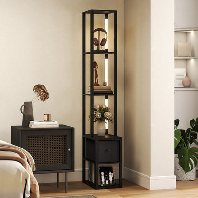 HOMCOM Floor Lamp with Shelves, LED Column Modern Standing Lamp with Fabric Drawer, Adjustable Brightness, Foot Switch for Living Room, Bedroom, Office, Black 