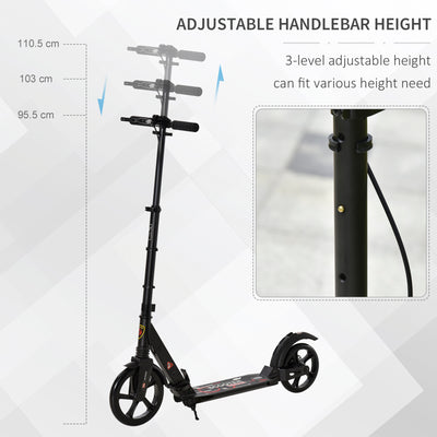 HOMCOM Kick Scooter, Folding 2 Wheel Scooter for 14+ Teens Adults, with Dual Brake System, Dual Suspension, 230mm Big Wheels, 3 Adjustable Handlebar, up to 100KG, Black 