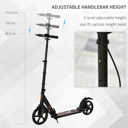 HOMCOM Kick Scooter, Folding 2 Wheel Scooter for 14+ Teens Adults, with Dual Brake System, Dual Suspension, 230mm Big Wheels, 3 Adjustable Handlebar, up to 100KG, Black 