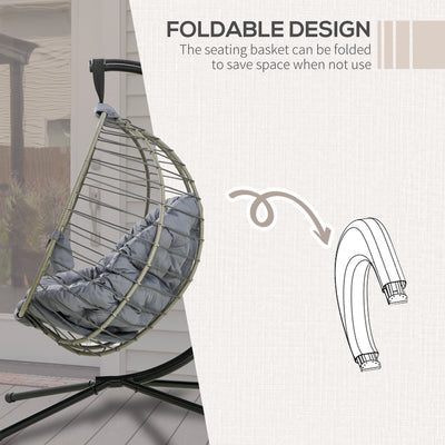 Outsunny PE Rattan Swing Chair, Outdoor Hanging Chair with Metal Stand, Thick Padded Cushion, Foldable Basket and Cup Holder, for Indoor and Outdoor, Grey 
