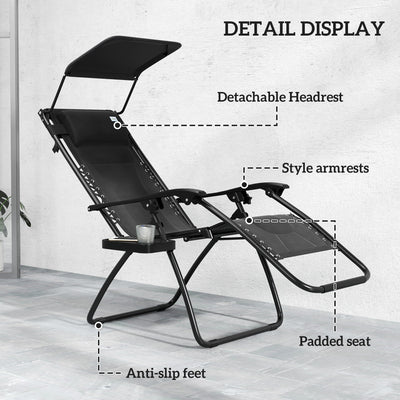 Outsunny Zero Gravity Lounger Chair Set of 2, Folding Reclining Patio Chair with Shade Cover, Padded Seat, Cup Holder, Soft Cushion and Headrest for Poolside, Camping, Black 