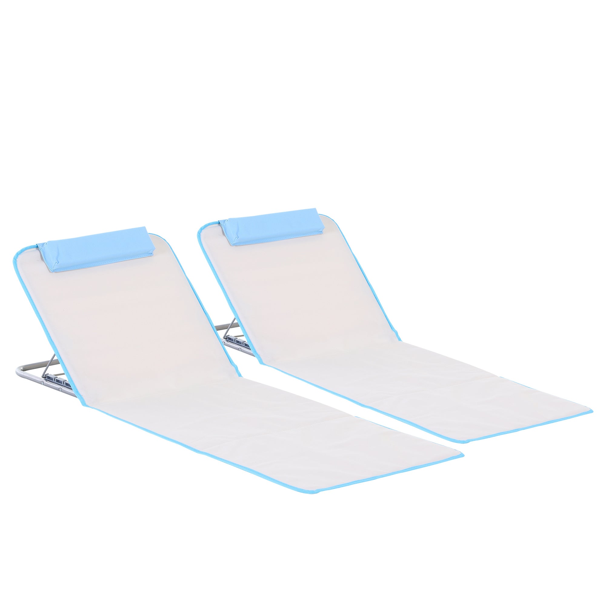 Outsunny Set of 2 Foldable Garden Beach Chair Mat, Lightweight Outdoor Sun Lounger Seats with Adjustable Back, Metal Frame, PE Fabric Head Pillow and Carry Bag, Cream White 