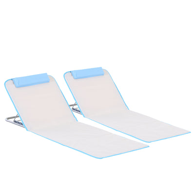 Outsunny Set of 2 Foldable Garden Beach Chair Mat, Lightweight Outdoor Sun Lounger Seats with Adjustable Back, Metal Frame, PE Fabric Head Pillow and Carry Bag, Cream White 