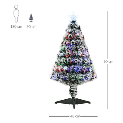 HOMCOM 3ft Artificial Prelit Christmas Tree, Snow Xmas Tree with Colourful LED Lighting Fibre Optics, Green White