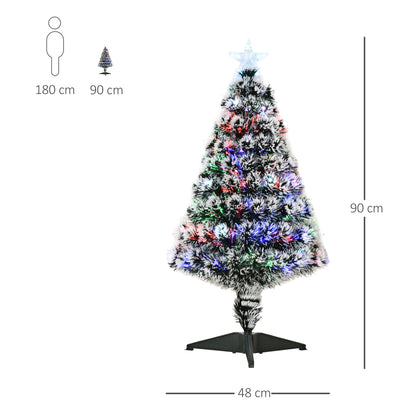 HOMCOM 3ft Artificial Prelit Christmas Tree, Snow Xmas Tree with Colourful LED Lighting Fiber Optics, Green White 