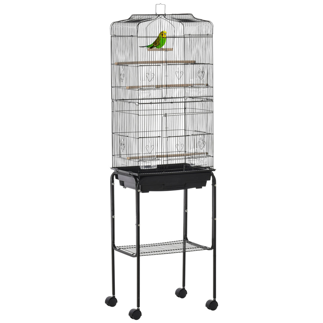 PawHut Bird Cage Budgie Cages for Finch Canary Parakeet with Stand Wheels Slide-out Tray Accessories Storage Shelf, Black 46.5 x 36 x 157 cm 