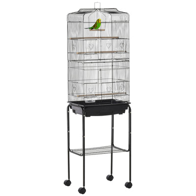 PawHut Bird Cage Budgie Cages for Finch Canary Parakeet with Stand Wheels Slide-out Tray Accessories Storage Shelf, Black 46.5 x 36 x 157 cm 