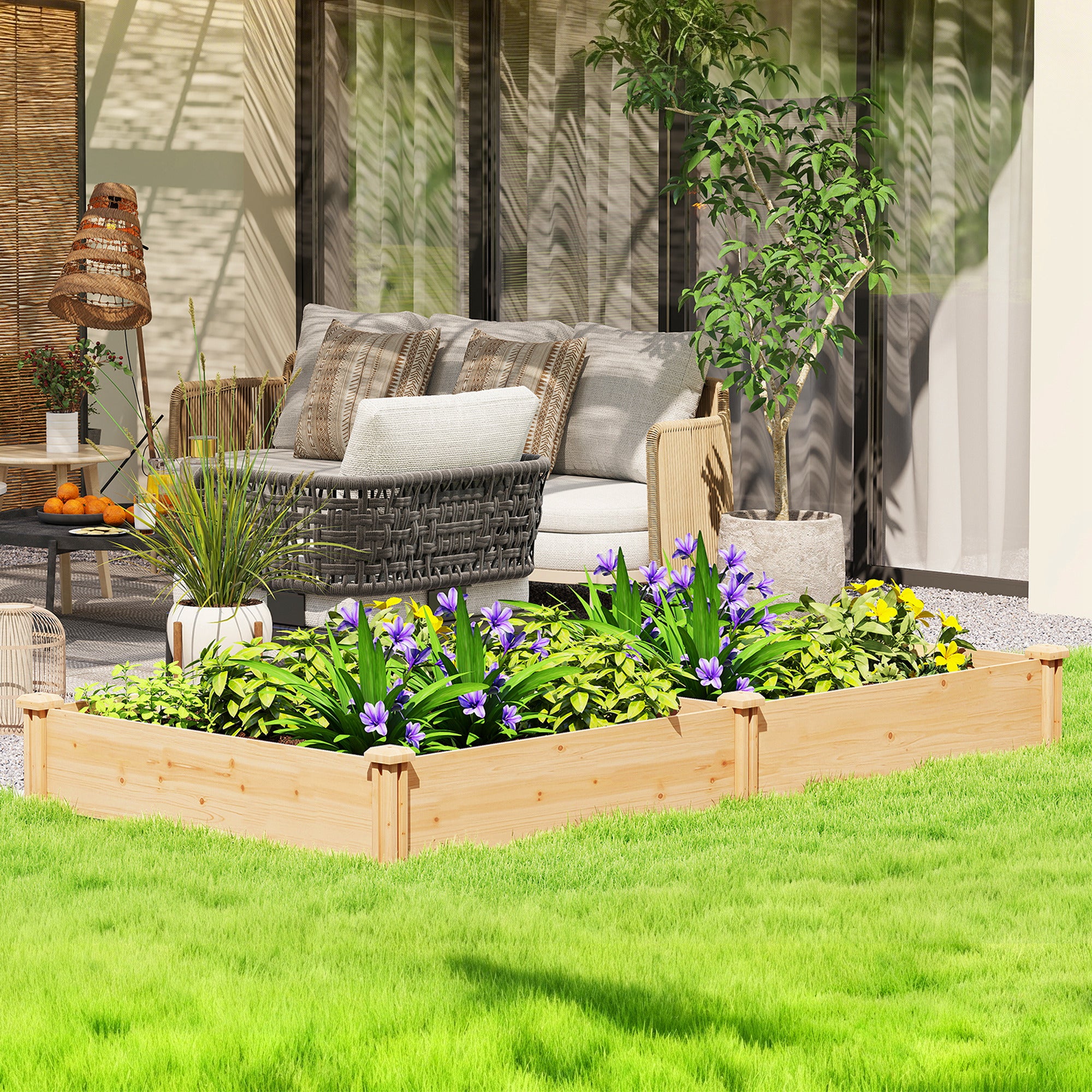 Outsunny Raised Garden Bed, Wooden Planter Box with Divider and Open Bottom for Flowers, Herbs, Vegetables, DIY Painting 