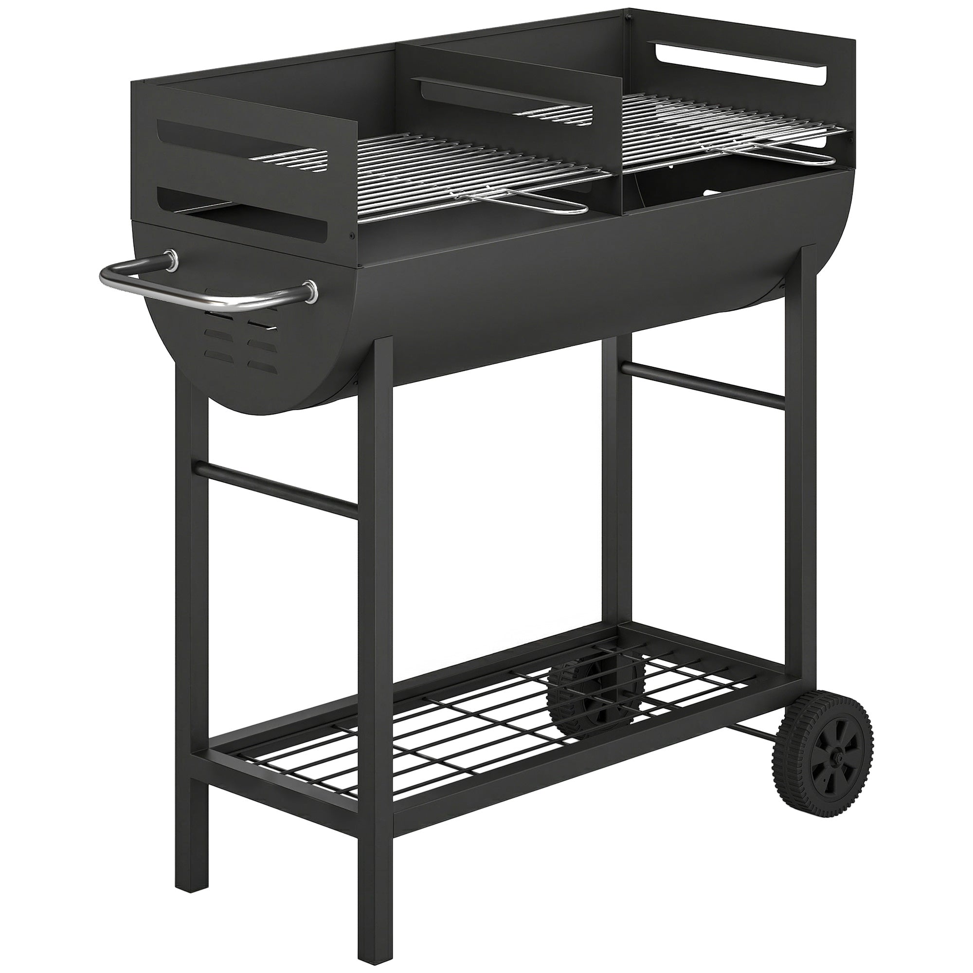 Outsunny Charcoal Barbecue Grill with 2 Cooking Areas, Portable BBQ Trolley with Wheels, Height Adjustable Grates, Bottom Shelf 