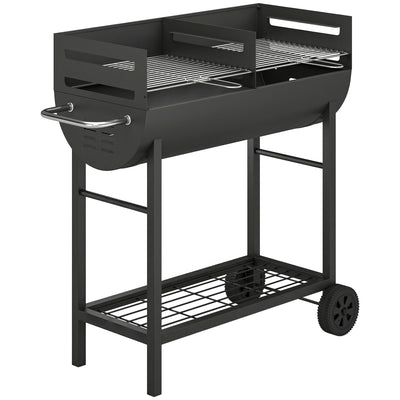 Outsunny Charcoal Barbecue Grill with 2 Cooking Areas, Portable BBQ Trolley with Wheels, Height Adjustable Grates, Bottom Shelf 