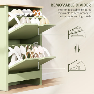 HOMCOM Slim Shoe Cabinet, Narrow Shoe Cupboard with 2 Flip Drawers, Adjustable Shelves for 12 Pairs of Shoes, Green 