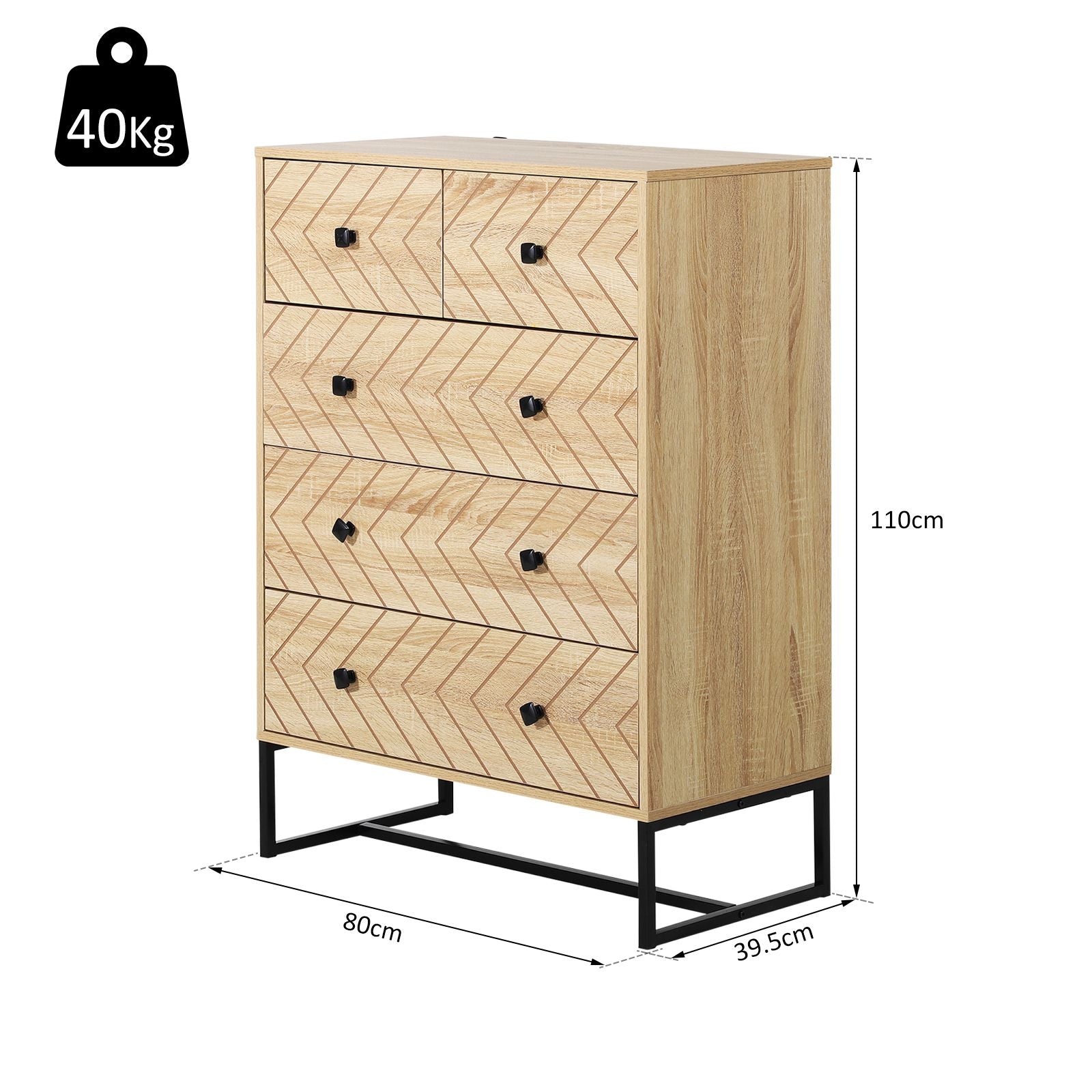 HOMCOM 5 Drawer Chest Sideboard Cabinet Storage Unit Bedroom Home Unique Zigzag Design w/ Black Metal Handles Anti Tip & Top 