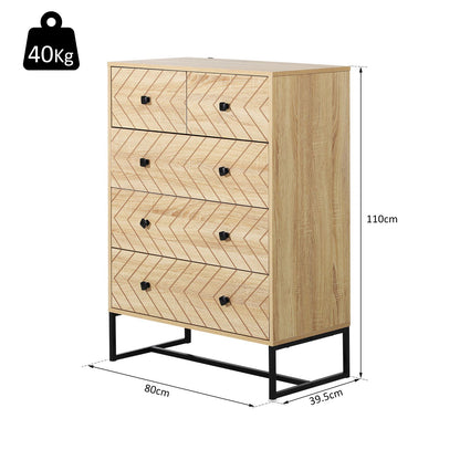 HOMCOM 5 Drawer Chest Sideboard Cabinet Storage Unit Bedroom Home Unique Zigzag Design w/ Black Metal Handles Anti Tip & Top 