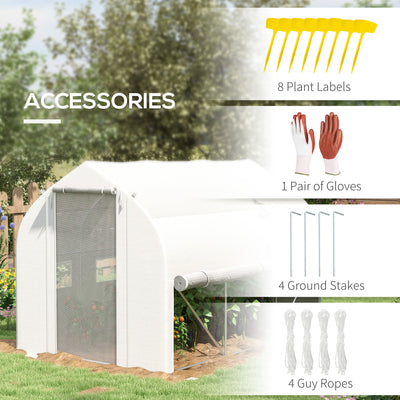 Outsunny 3 x 2(m) Walk-in Polytunnel Greenhouse, Zipped Roll Up Sidewalls, Mesh Door, 6 Mesh Windows, Tunnel Warm House Tent with PE Cover, Complimentary Plant Labels and Gloves, White 