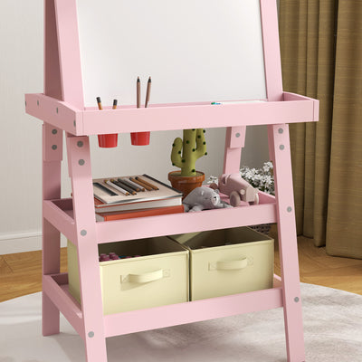 AIYAPLAY 3 in 1 Kids Easel Double-Sided Magnetic Whiteboard and Chalkboard with Paper Roll, Storage Baskets - Pink 