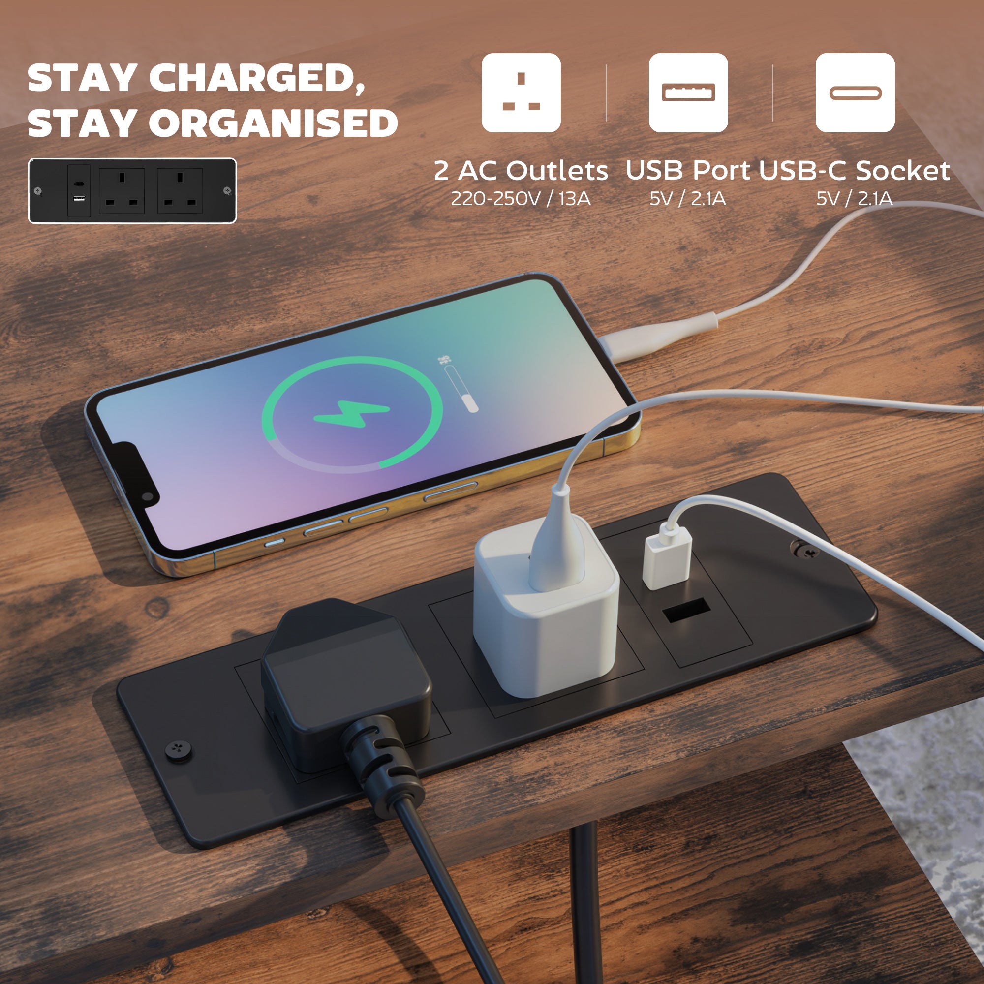 HOMCOM Bedside Table with Charging Station - Rustic Brown 