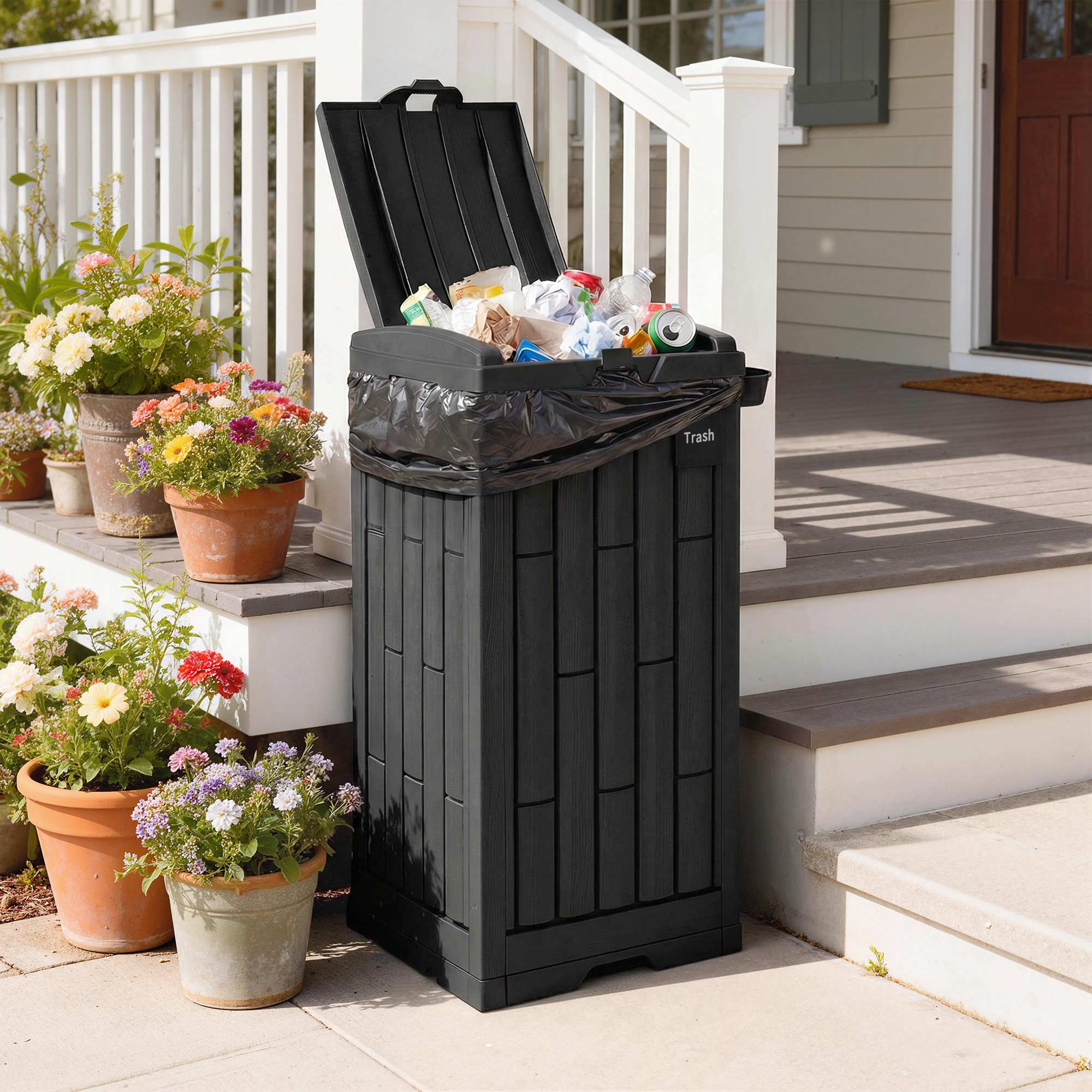 Outsunny 110 L Outdoor Bin with Dual Lid, Waterproof Plastic Trash Bin with Ashtray and Drip Tray, Garden Waste Trash Bin, Black 
