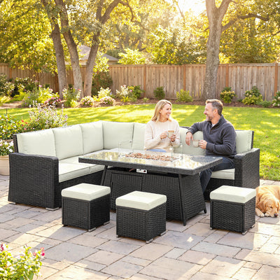 Outsunny 7 Pieces PE Rattan Garden Furniture Set, 50,000 BTU Gas Fire Pit Table, Double Corner Sofa and 3 Footstools 