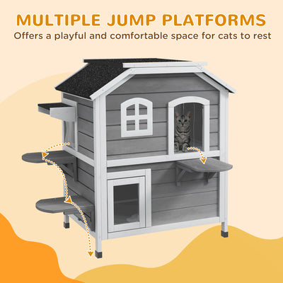PawHut 2-story Cat House Outdoor, Weatherproof Wooden Cat Enclosure for Feral Cats with Escape Door, Openable Roof, Jumping Platforms, Grey 