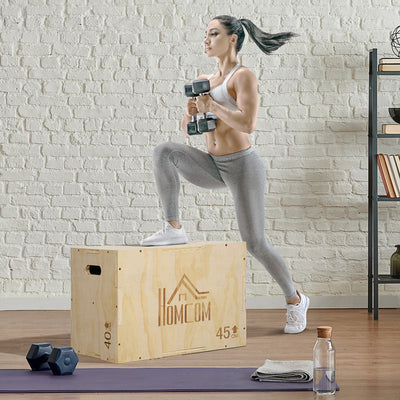 HOMCOM 3-in-1 Wooden Plyo Box, Plyometric Jump Box with Handle Openings for Home Gym, Workout Training, Natural 