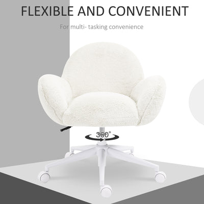 HOMCOM Makeup Vanity Chair, Cute Fluffy Desk Chair with Rolling Wheels for Bedroom Living Room, Cream White 