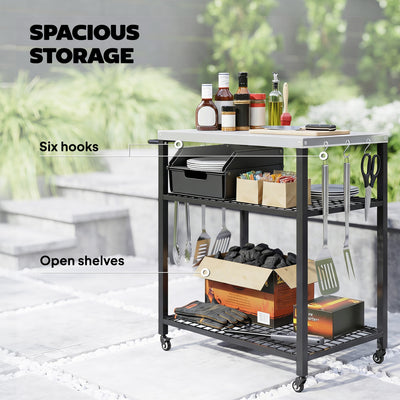Outsunny Outdoor Grill Cart with Stainless Steel Tabletop, 3-Tier Pizza Oven Stand with 2 Shelves, 6 Hooks, Wheels, Black 
