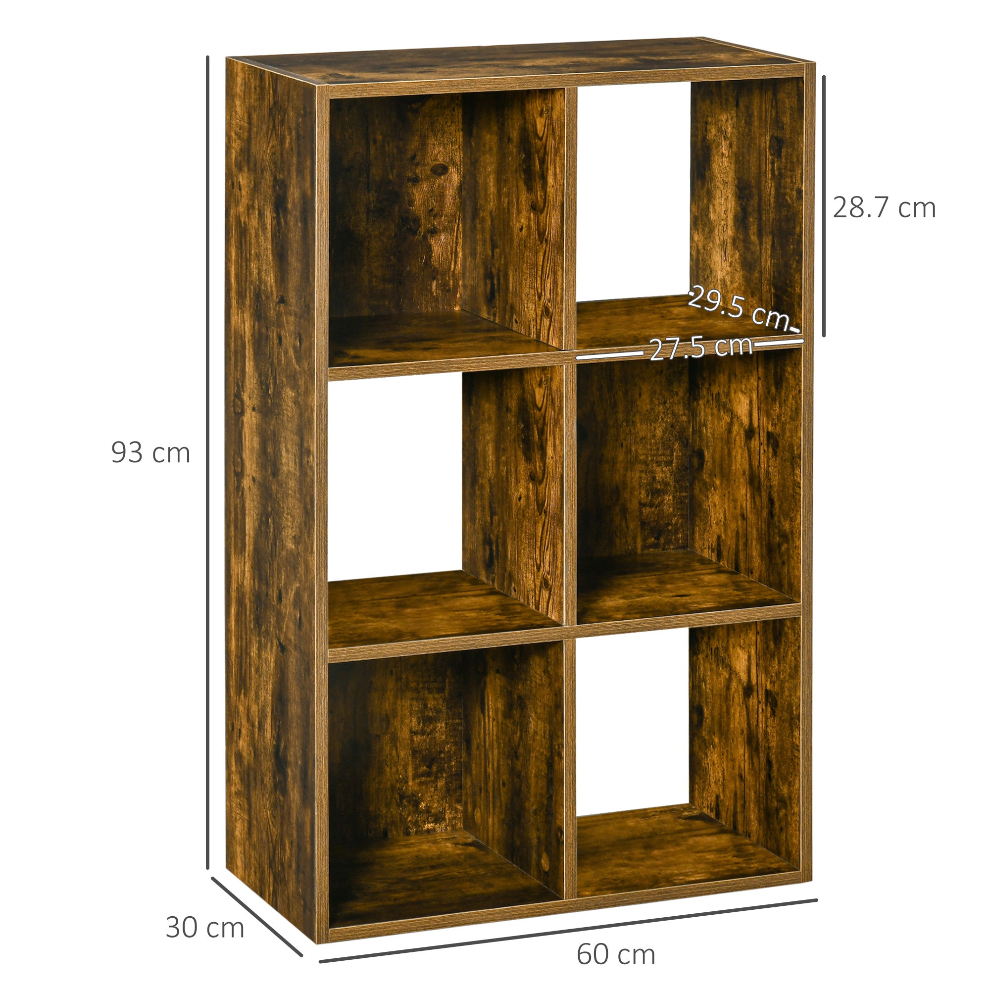 HOMCOM Industrial Style Storage Shelf, Bookcase, Bookshelf with 6 Compartments, Freestanding Shelving Unit for Living Room, Home Study, Rustic Brown 