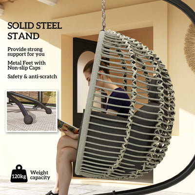 Outsunny Outdoor Swing Chair with Thick Padded Cushion, Patio Hanging Chair with Metal Stand, Foldable Basket, Cup Holder, Rope Structure, for Indoor & Outdoor, Dark Grey 