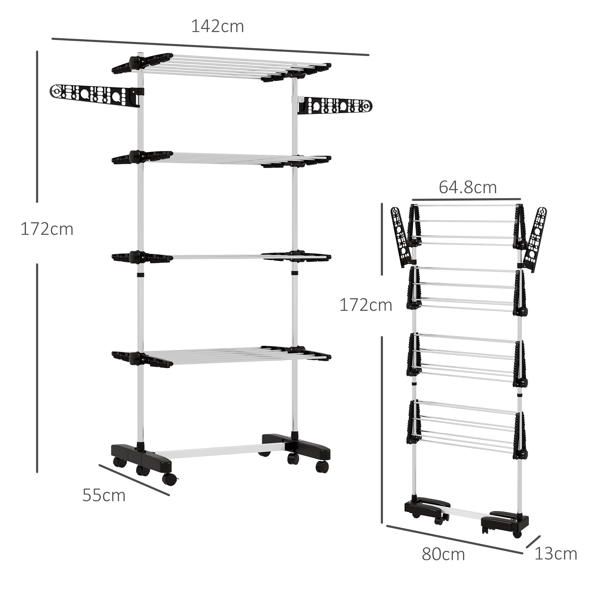 HOMCOM Four-Shelf Collapsing Clothes Horse, With Side Arms and Wheels - Black 