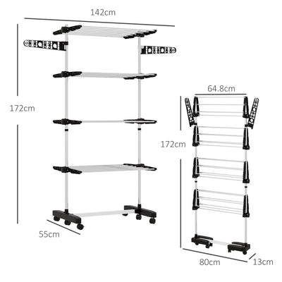 HOMCOM Four-Shelf Collapsing Clothes Horse, With Side Arms and Wheels - Black 