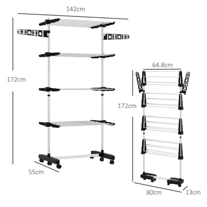 HOMCOM Four-Shelf Collapsing Clothes Horse, With Side Arms and Wheels - Black 