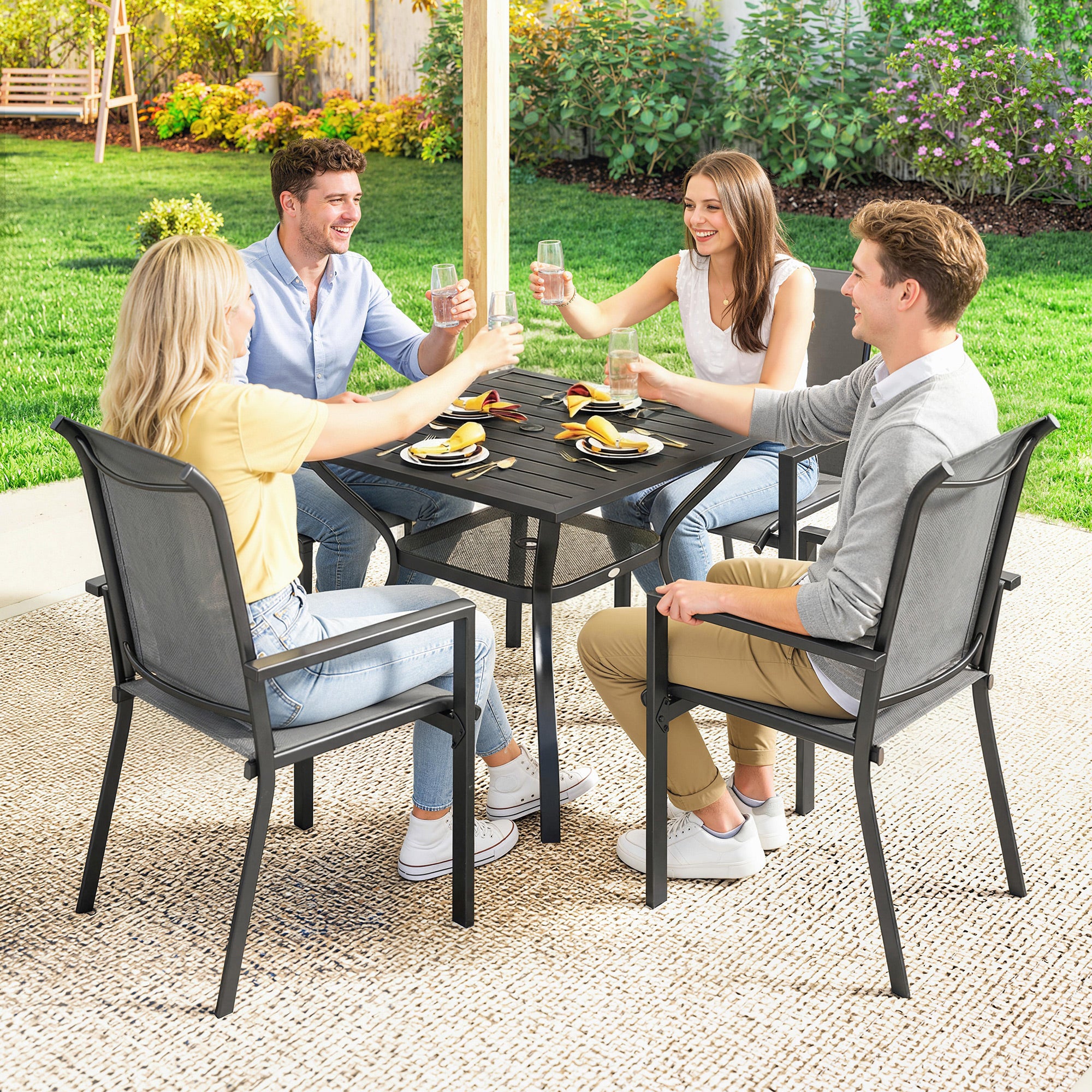 Outsunny 5 Pieces Outdoor Dining Set for 4, Garden Table and Stackable Chairs with Breathable Mesh Seat and Parasol Hole, Grey 