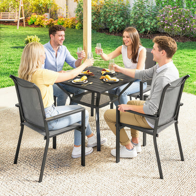 Outsunny 5 Pieces Outdoor Dining Set for 4, Garden Table and Stackable Chairs with Breathable Mesh Seat and Parasol Hole, Grey 