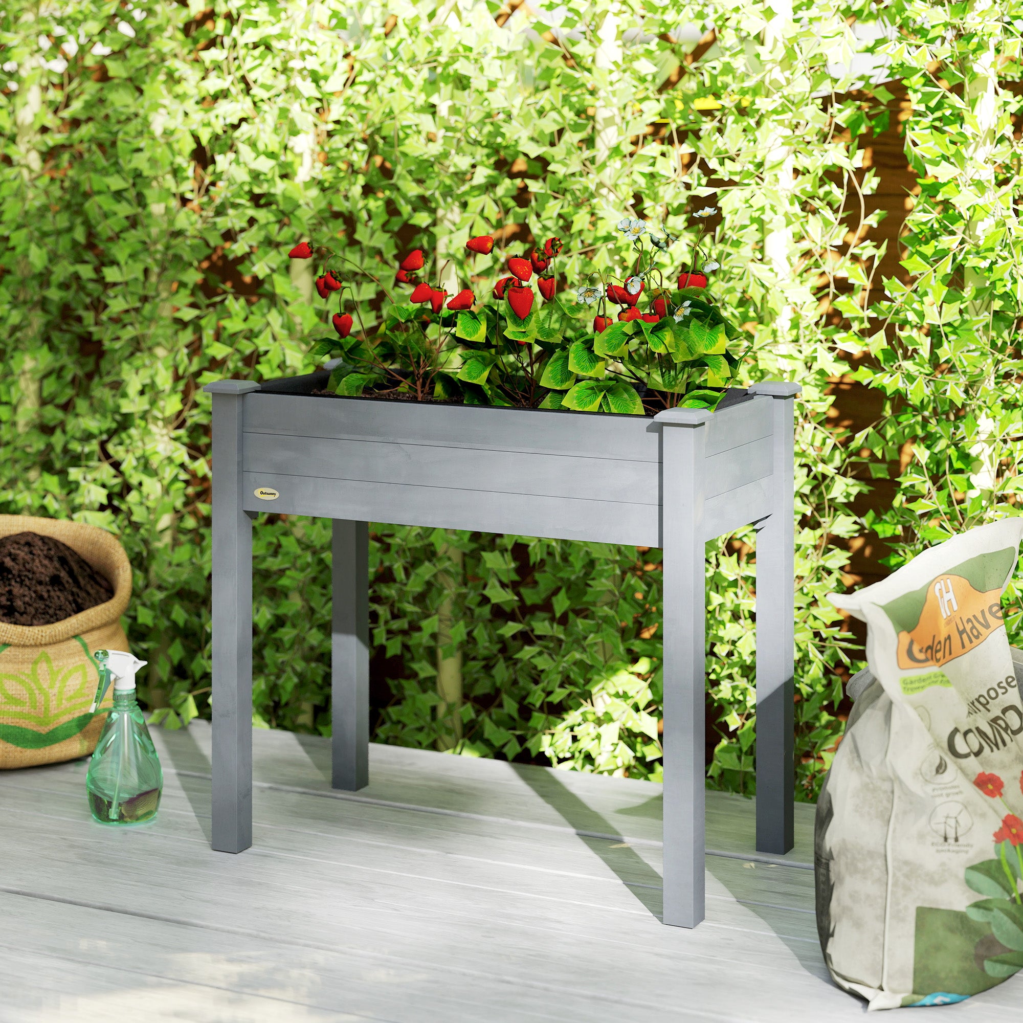 Outsunny Raised Bed for Garden, Wooden Elevated Planter Box with Bed Liner, for Flower Vegetable Herb, Dark Grey 