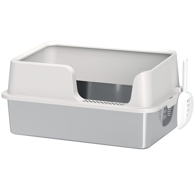 PawHut Stainless Steel Litter Box with Detachable Rim, Scoop, Easy Cleaning, Odour-Resistant, 60 x 40 x 28 cm 