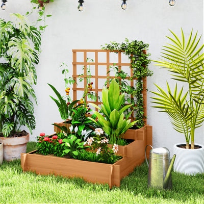 Outsunny 3 Tier Garden Planters with Trellis for Vine Climbing, Wooden Raised Beds, 95x95x110cm, Brown 