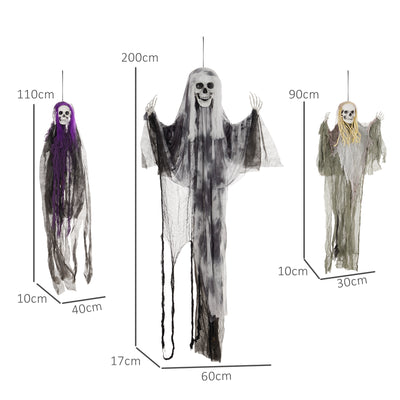 HOMCOM Set of 3 Hanging Skeleton Halloween Decorations, Scary Flying Ghost for Garden, Party, 90/110/170cm 