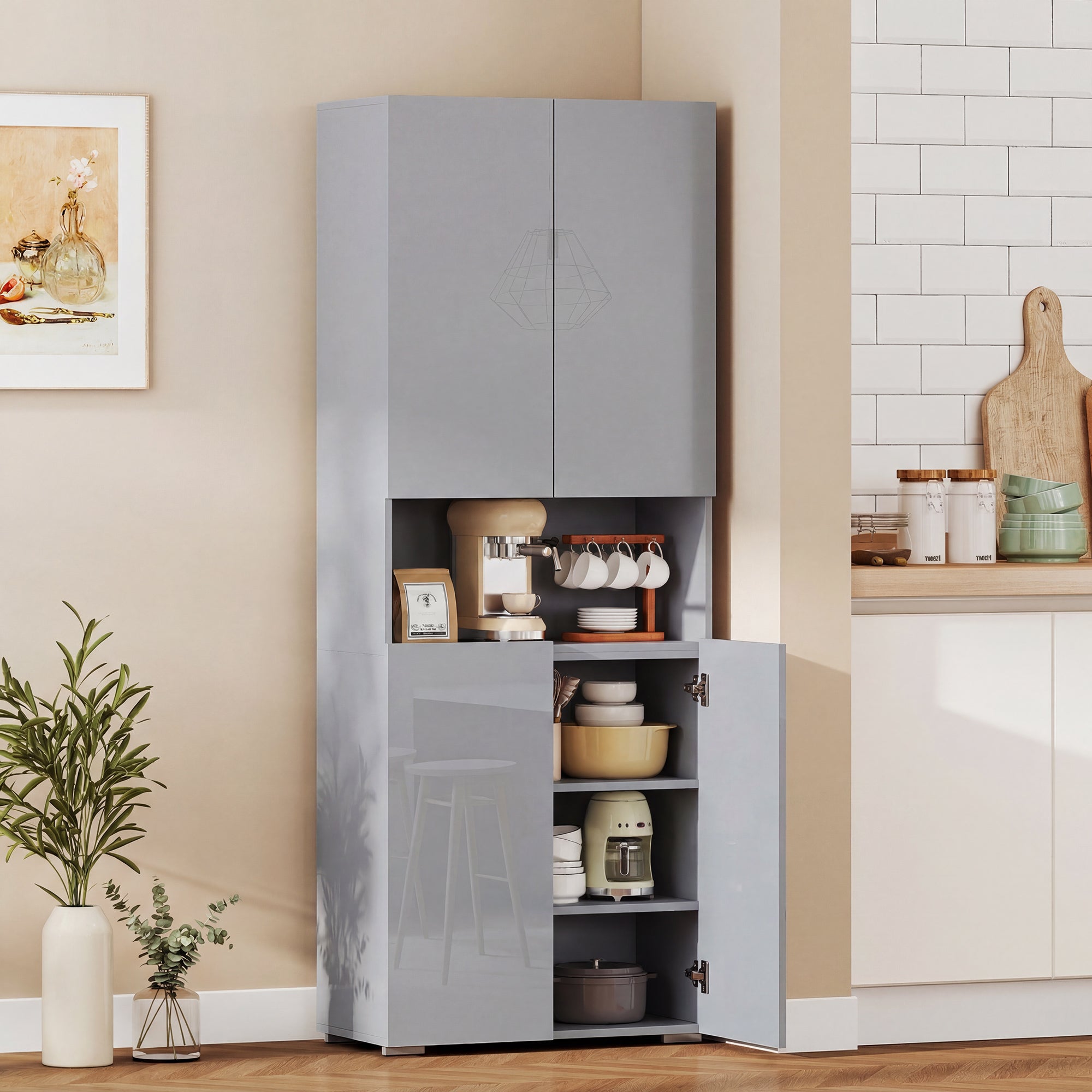 HOMCOM 180 cm Tall Kitchen Cupboard, Pantry Storage Cabinet with Soft Close Doors and Adjustable Shelves, High Gloss Grey 