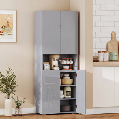 HOMCOM 180 cm Tall Kitchen Cupboard, Pantry Storage Cabinet with Soft Close Doors and Adjustable Shelves, High Gloss Grey 