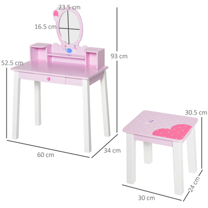 HOMCOM Kids Wooden Dressing Table and Stool Make Up Desk (Pink) 