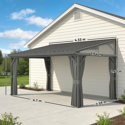 Outsunny 4.3 x 3 m Garden Pergola with Galvanised Steel Roof, Lean to Pergola Gazebo with Netting Curtains, Dark Grey 