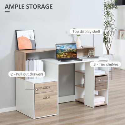 HOMCOM Computer Desk with Drawers and Storage Shelves, Reception Desk, Study Workstation for Home Office, 137 x 55 x 92cm, Oak and White 