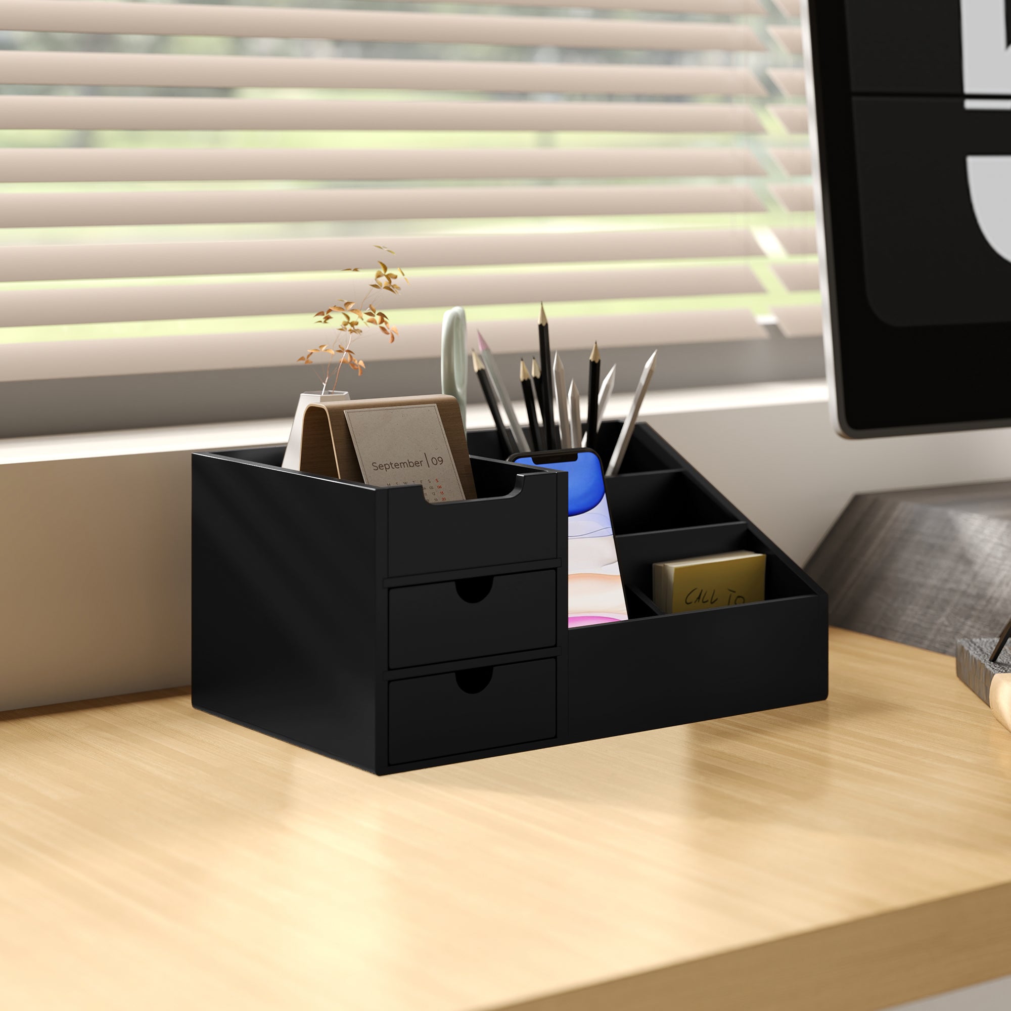 HOMCOM Desk Organiser Holder, Bamboo Multi-Function Storage Caddy with 7 Storage Compartments and 2 Drawers for Home Office Stationary Supplies, Black 