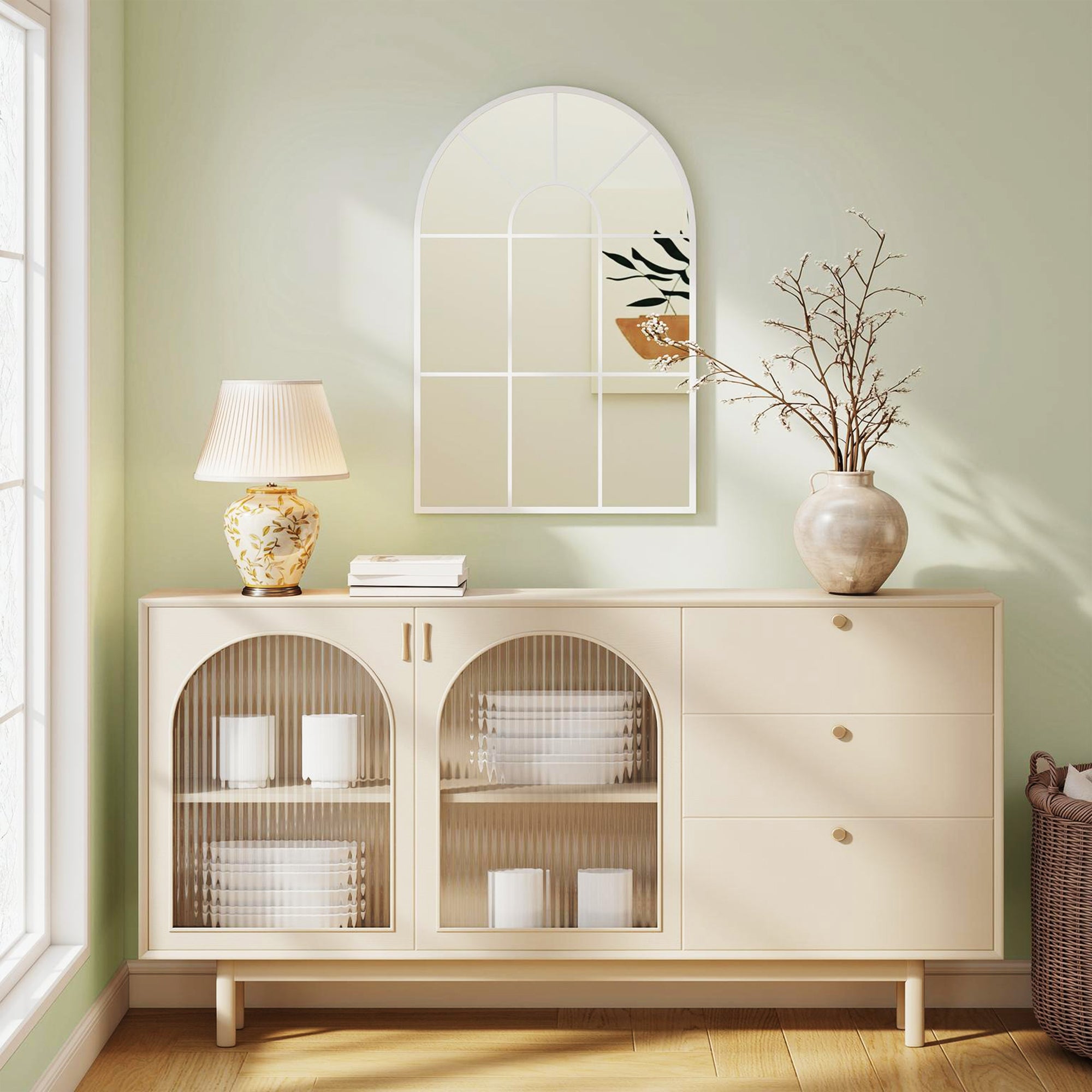 HOMCOM 90 X 61cm Arched Grid Mirror - White 