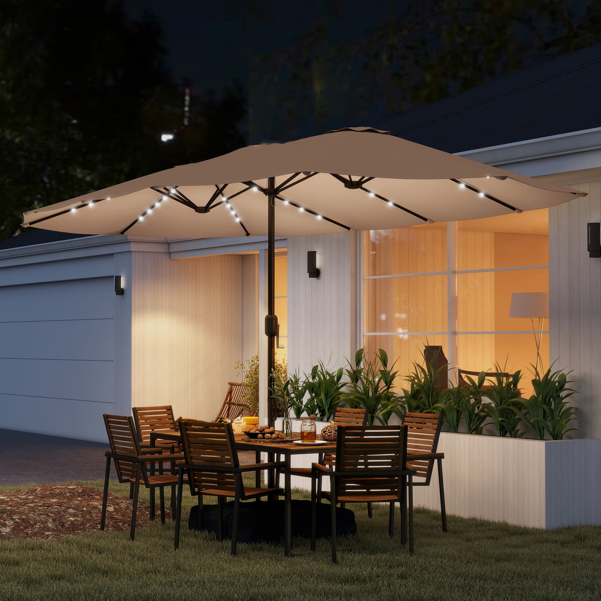 Outsunny Patio Umbrella Double-Sided Outdoor Umbrella with Solar Lights Base, Khaki 