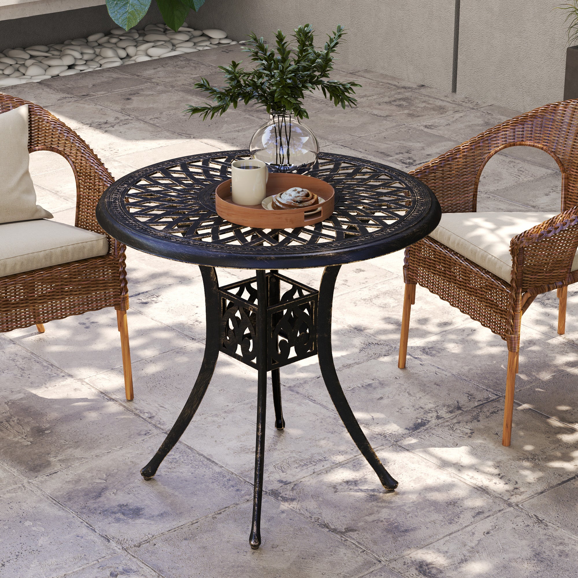 Outsunny 78 cm Round Garden Dining Table with Parasol Hole Antique Cast Aluminium Outdoor Table Only, Bronze Tone