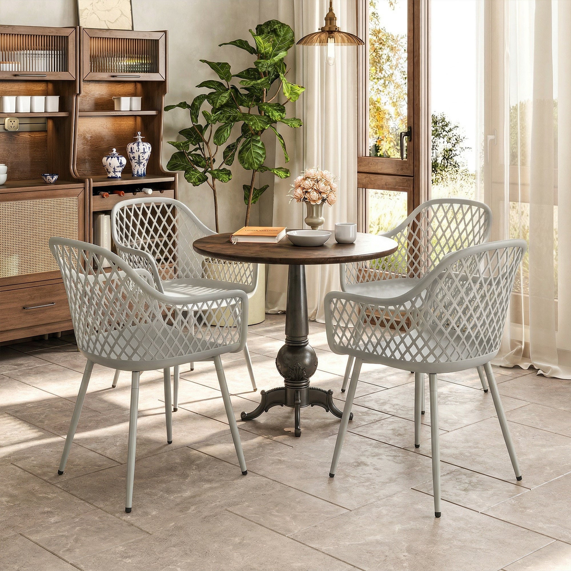 Outsunny Garden Chairs Set of 4, Garden Dining Chairs with Cut Out Diamond Back and Armrests for Patio, Balcony, Terrace, Grey 