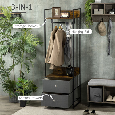 HOMCOM Clothes Rail, Metal Coat Stand, Garment Rack with 2 Fabric Storage Drawers, Single Wardrobe for Bedroom, Hallway, Rustic Brown and Grey 