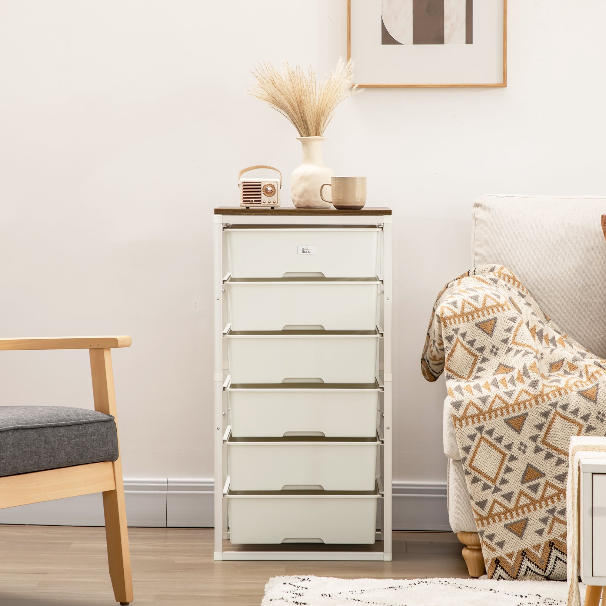HOMCOM Bedroom Chest of Drawers, 6-Drawer Dresser, Tall Storage Drawer Unit with Steel Frame for Living Room, White 